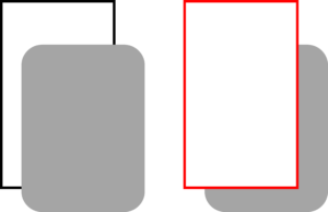 左の図は、黒の長方形が灰色の四角で隠されている。右の図は、灰色の四角が奥に行って、長方形がうきでている。