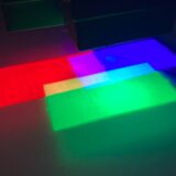 赤色と緑色、青色を重ねて光の三原色を観察する様子